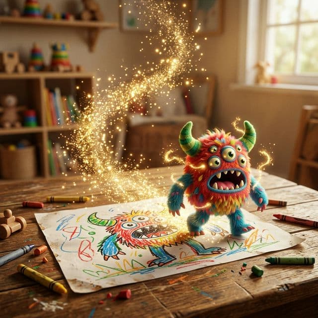 A messy child's drawing coming to life with golden magic particles