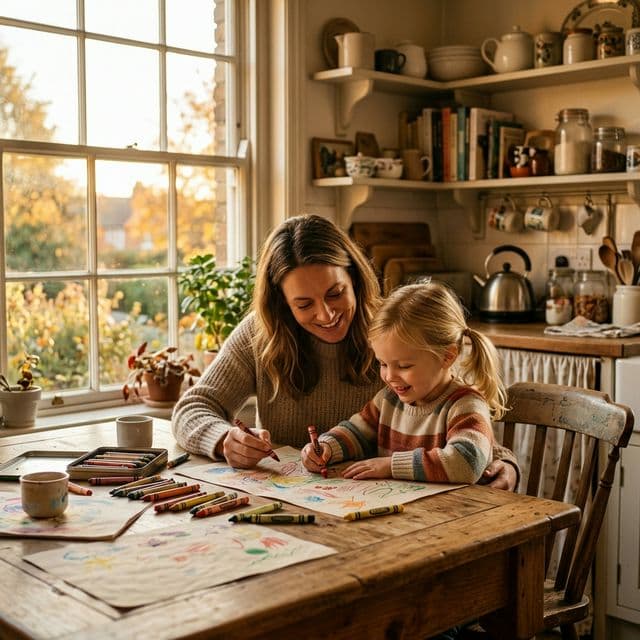 A parent and a child warmly drawing together at a table