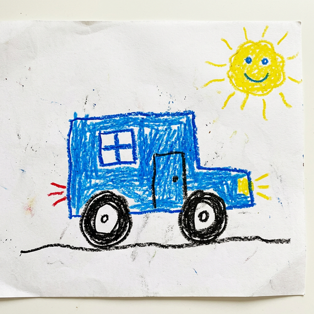 Crayon drawing of a blue car